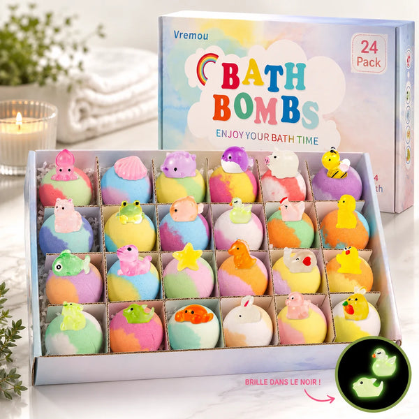 Coffret cadeau 24 bombes de bain enfant avec serviette et bougie ambiance cosy